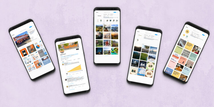 Fünf Smartphones auf lila Hintergrund, die verschiedene Social-Media-Kanäle zeigen