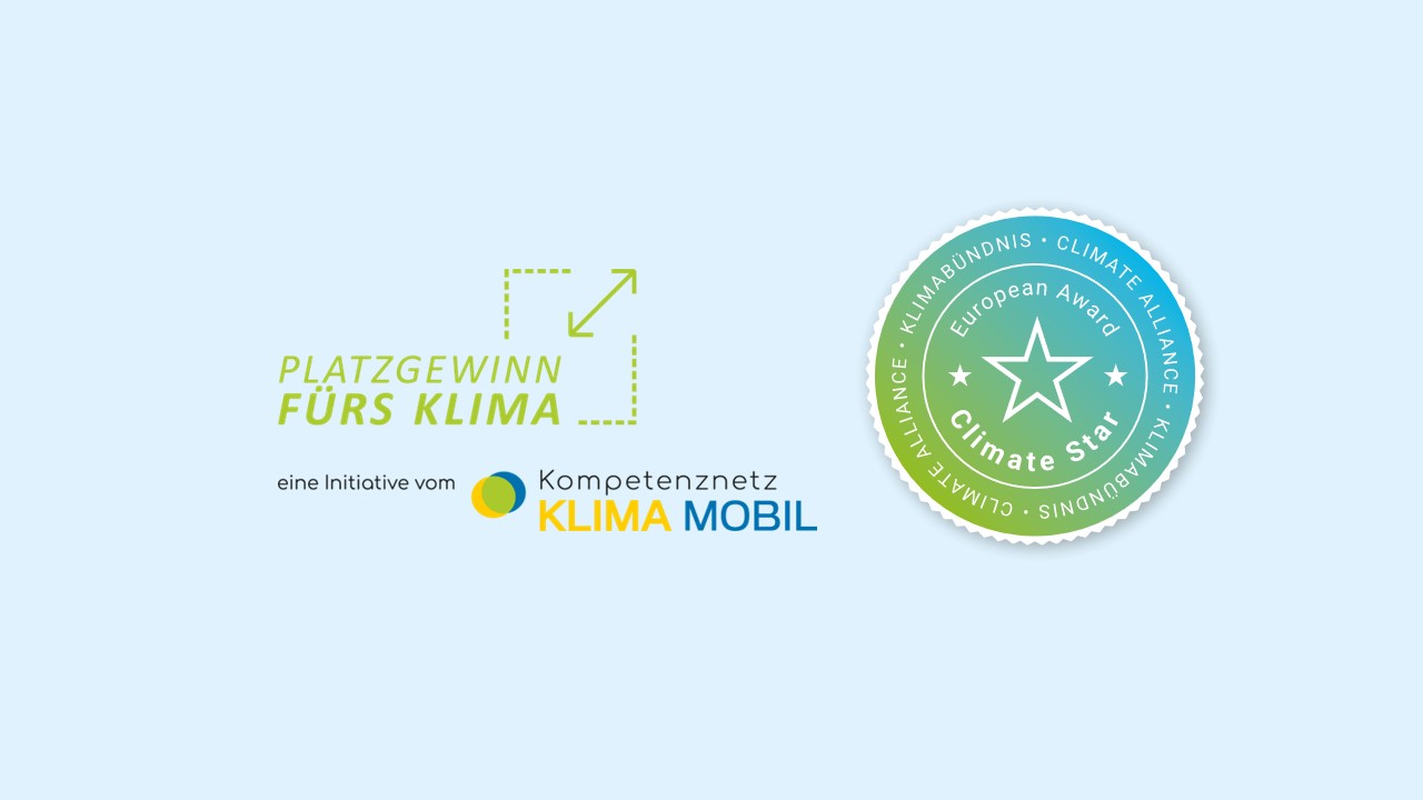 Das Logo der Initiative Platzgewinn fürs Klima neben dem Logo des Climate Star Award